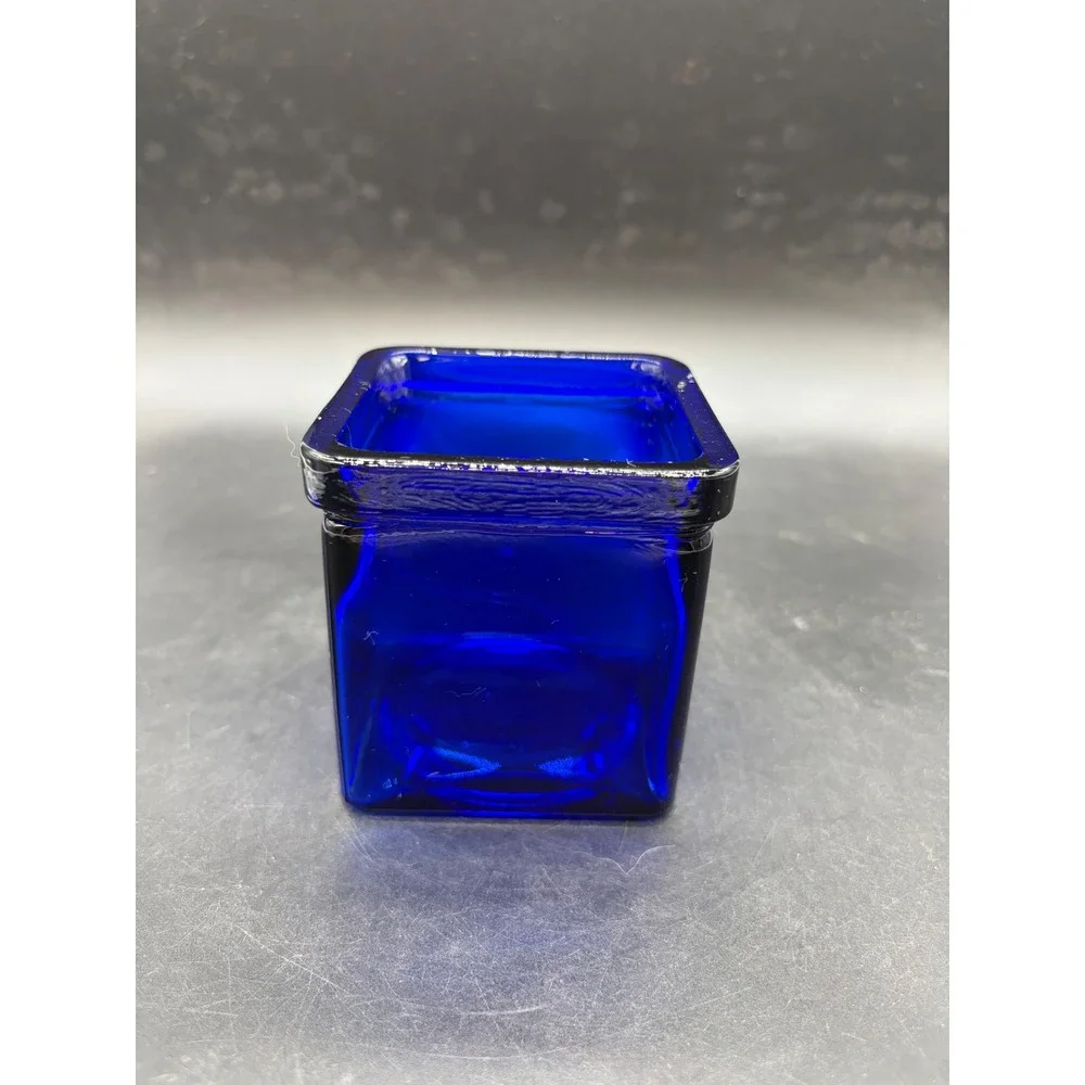 Cobalt Blue Glass Square Votive Candle Holder Textured Rim Decorative Mini Vase